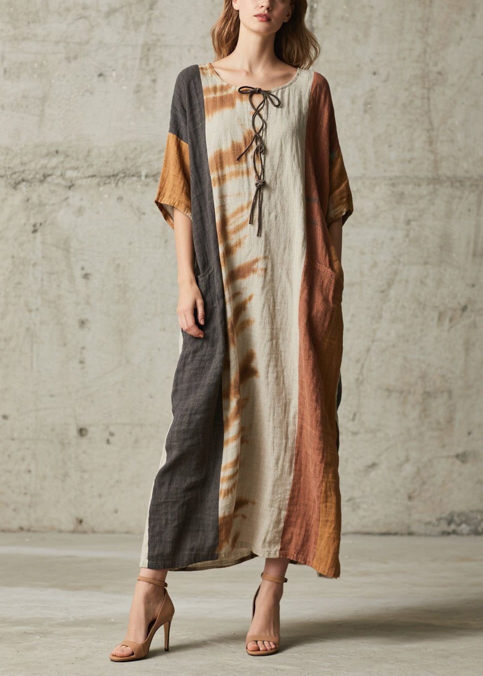 Retro Brown Oversized Patchwork Cotton Holiday Dress Summer