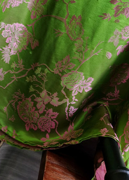 Green Stand Collar Patchwork Jacquard Silk Tops Spring