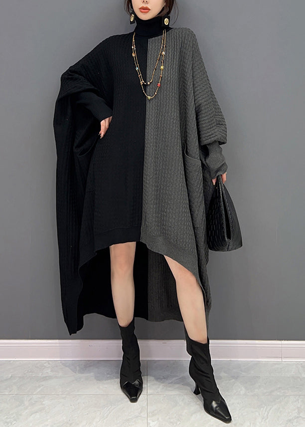 Red Black Hign Neck Asymmetrical Patchwork Knit Dresses Batwing Sleeve
