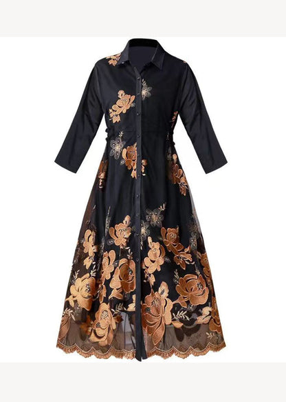 Handmade Black Peter Pan Collar Embroideried Patchwork Dress Fall
