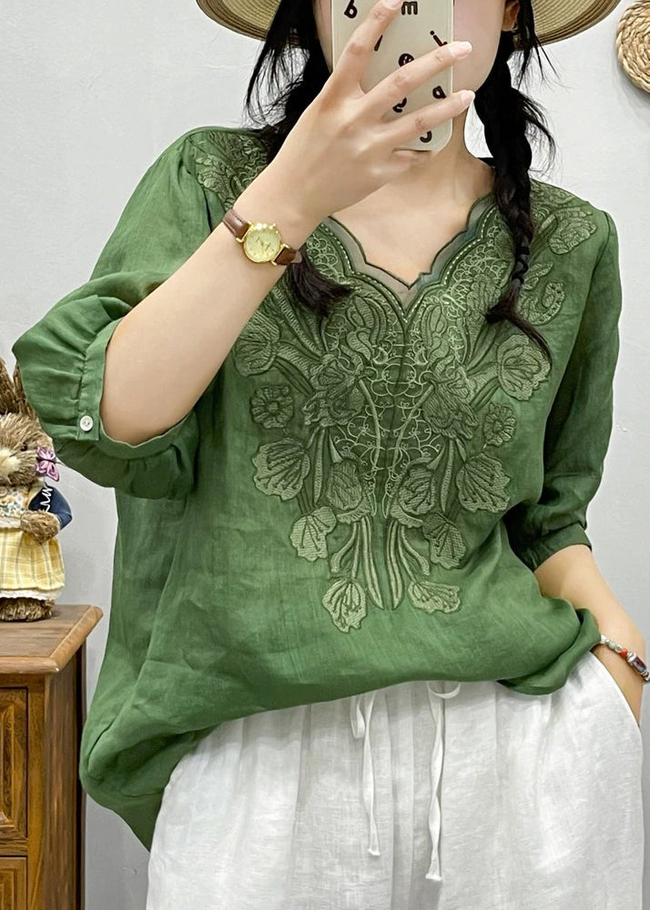 Retro White Embroideried Tulle Patchwork Ramie T Shirt Summer