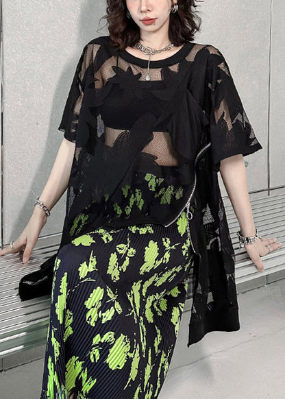 Black Asymmetrical Embroideried Patchwork Lace T Shirt Summer