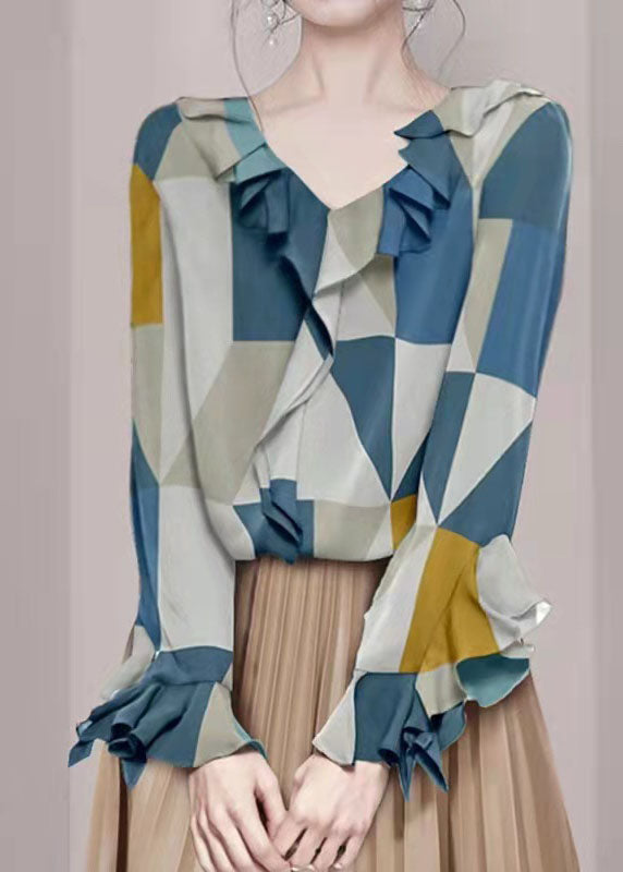 Colorblock V Neck Ruffled Chiffon Shirt Tops Long Sleeve