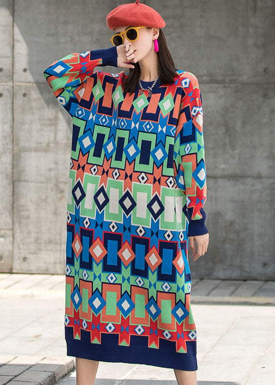O-neck Plaid Fall Knit Long Sleeve Dresses