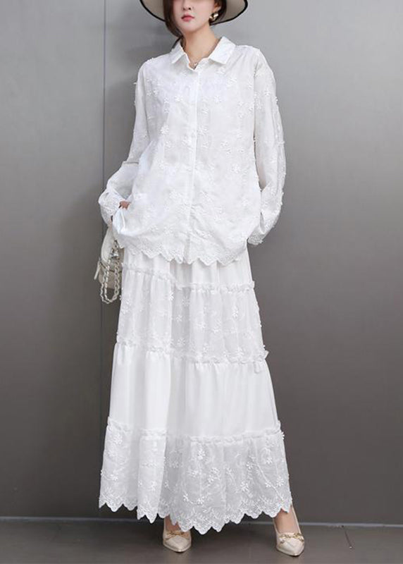 Boutique White Embroidered Lace Shirts and Maxi Skirts Two Pieces Set Flare Sleeve