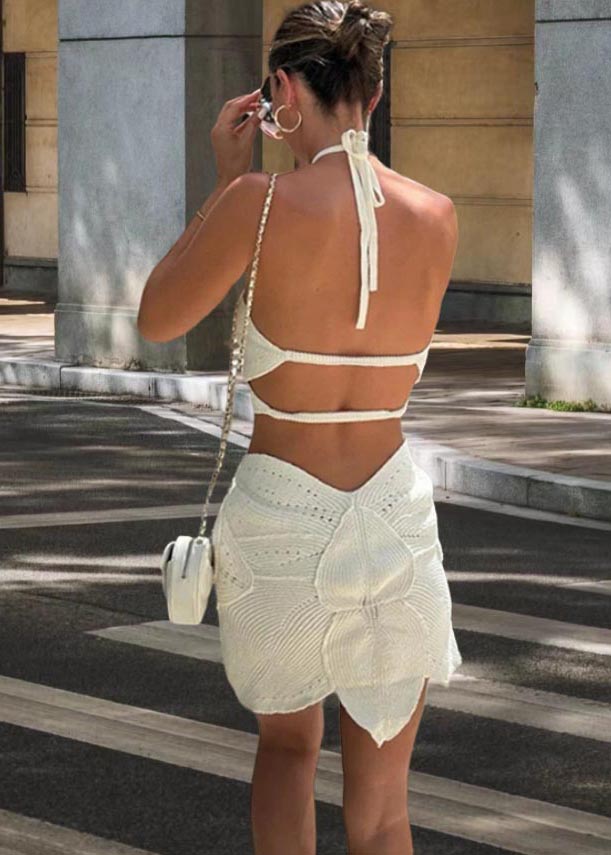White Hollow Out Backless Knit Halter Dress Summer