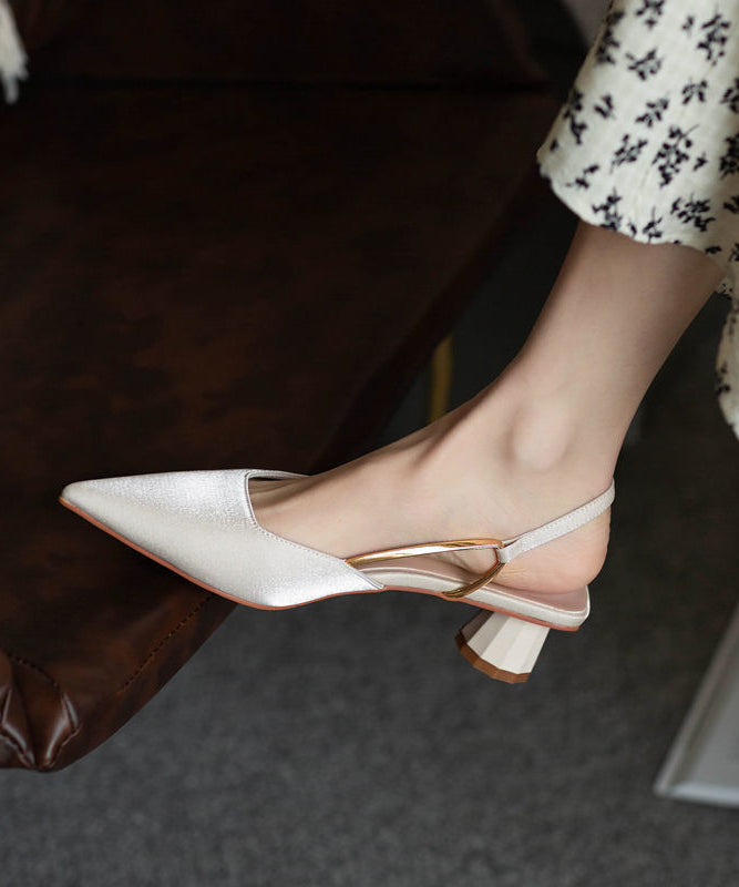 French Beige Pointed Toe Buckle Strap Chunky Sandals