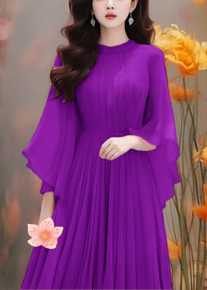 Purple Wrinkled Chiffon Dresses Butterfly Sleeve Summer