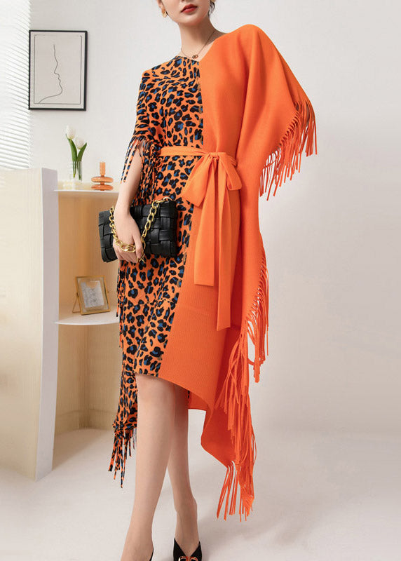 Orange Asymmetrical Design Patchwork Tie Waist Tassel Long Dress Fall