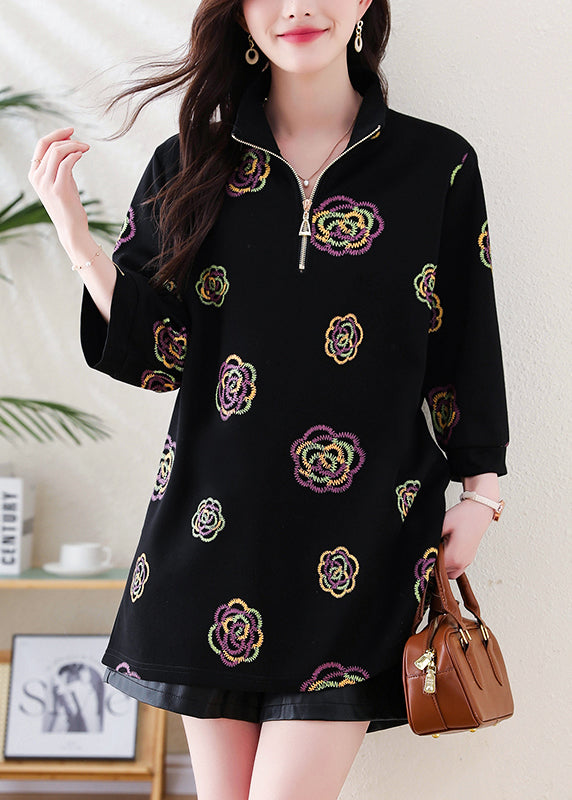 Black Zip Up Print Cotton Sweatshirts Top Fall