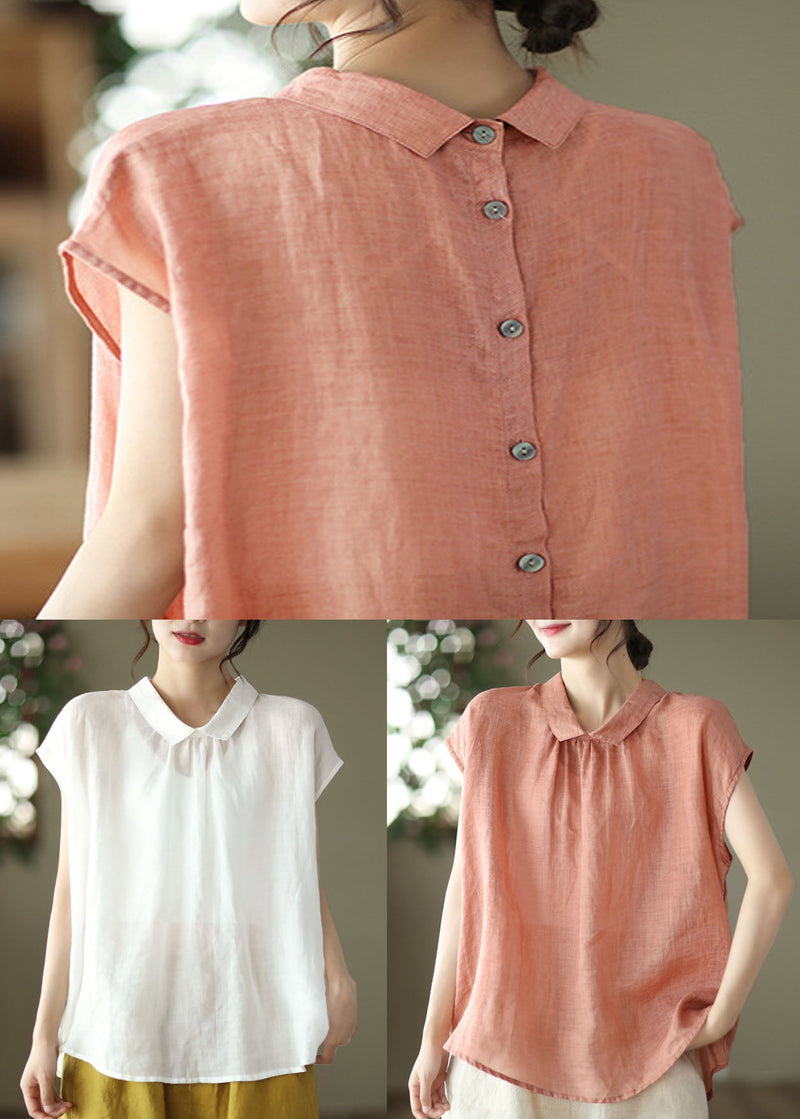 Orange Peter Pan Collar Patchwork Linen Blouses Summer
