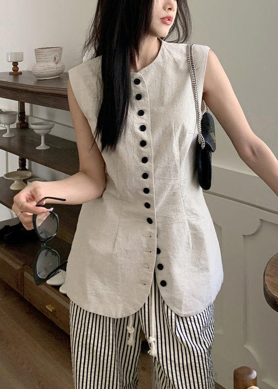 Art Linen O Neck Button Waistcoat Sleeveless