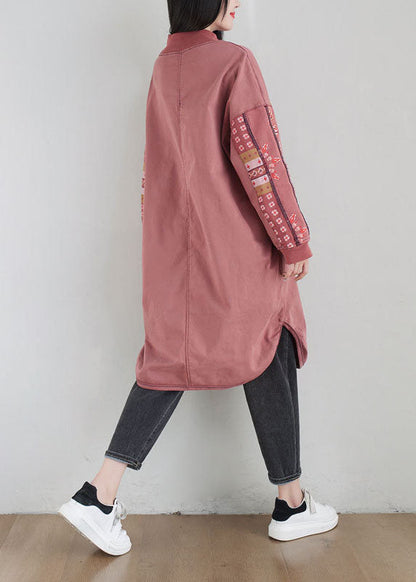 Pink Stand Collar Print Cotton Loose Sweatshirt Dress Spring