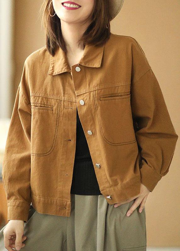 Brown Peter Pan Collar Pockets Button Fall Coats Long Sleeve