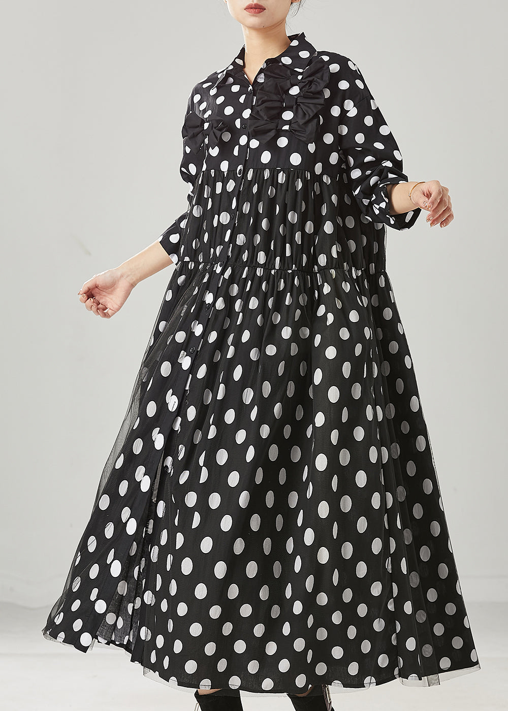 Black Dot Print Bow Tullle Long Dresses Spring