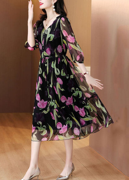 Black V Neck Print Drawstring Chiffon Dress Summer