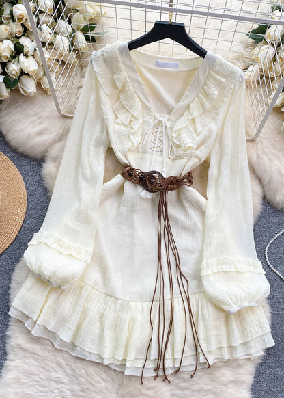 White Ruffled Lace Up Cotton Mid Dress Long Sleeve Spring