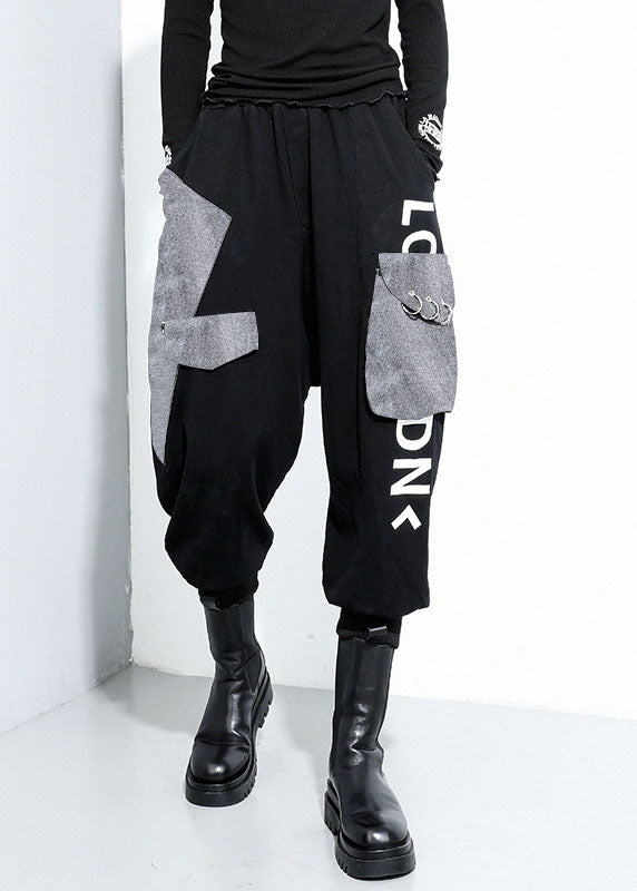 Black Pockets Cotton Harem Pants Spring