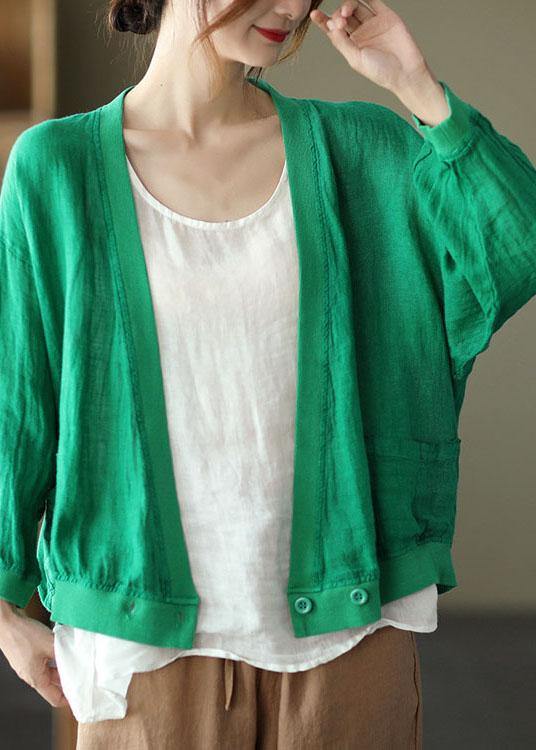Green Loose Retro V Neck Fall Blouses Long Sleeve