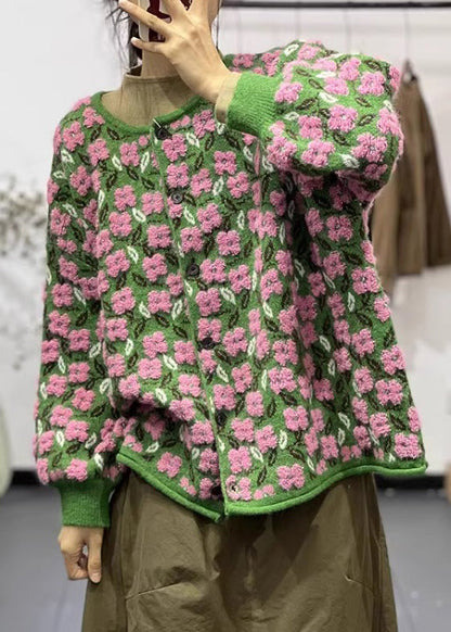 Pink O Neck Button Patchwork Cotton Knit Coats Long Sleeve