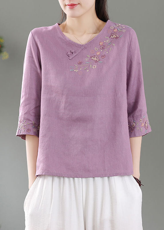 Purple Patchwork Linen Shirt Top O-neck Embroideried Three Quarter Sleeve