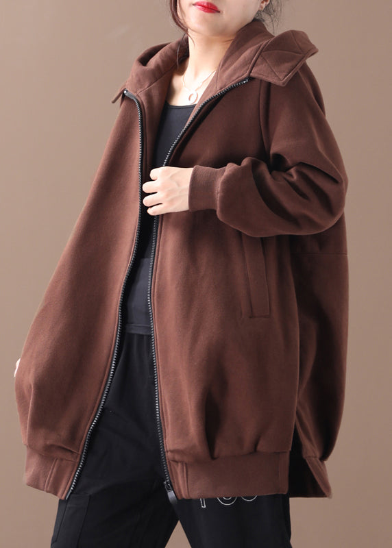 Chocolate Zippered Low High Design Hooded Coats Long Sleeve