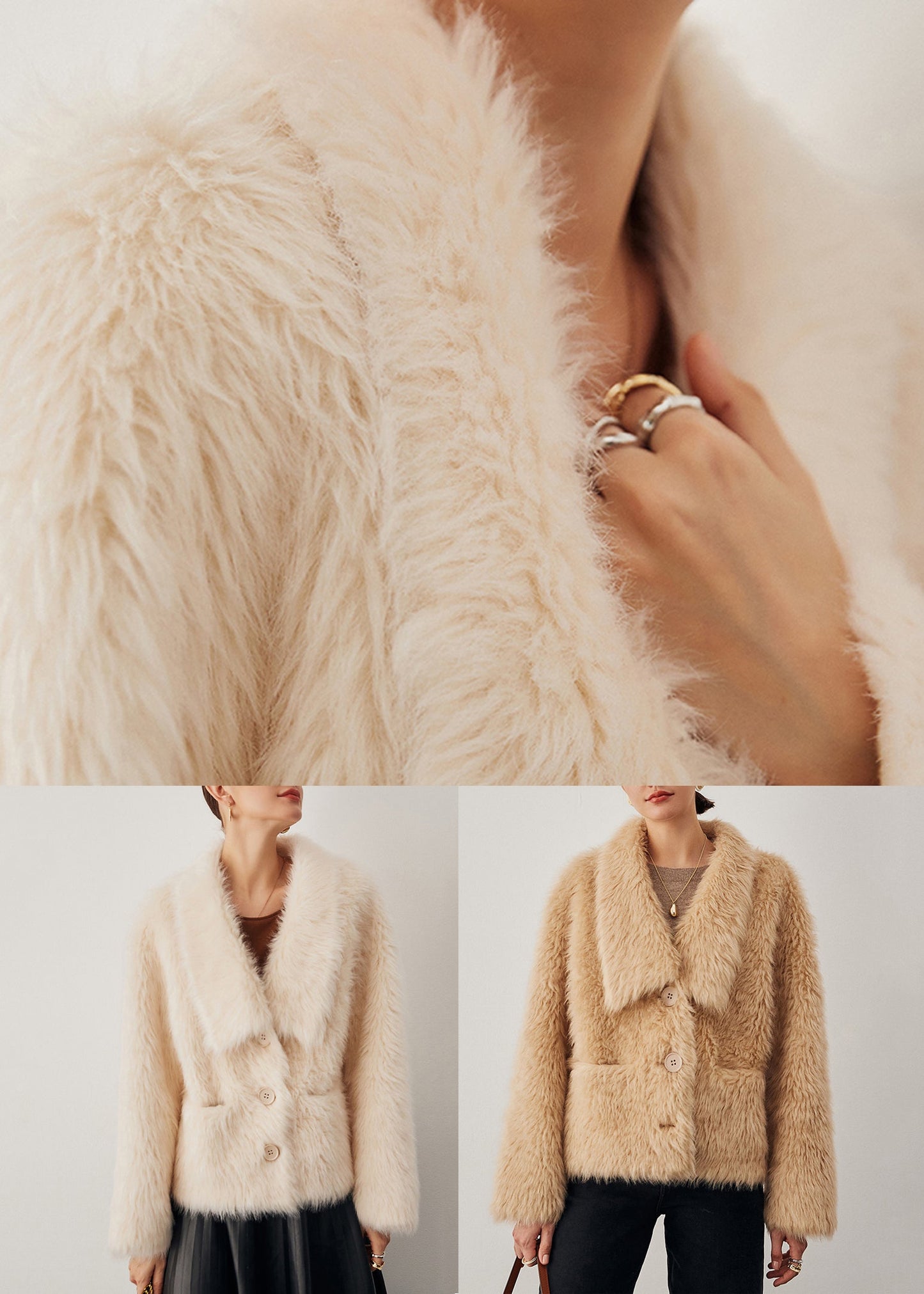 Light Camel Pockets Woolen Winter Coats V Neck