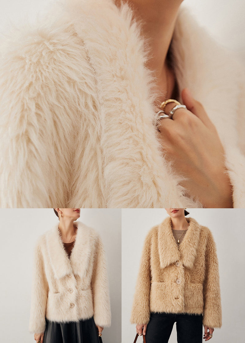 Beige Button Pockets Woolen Coat Winter
