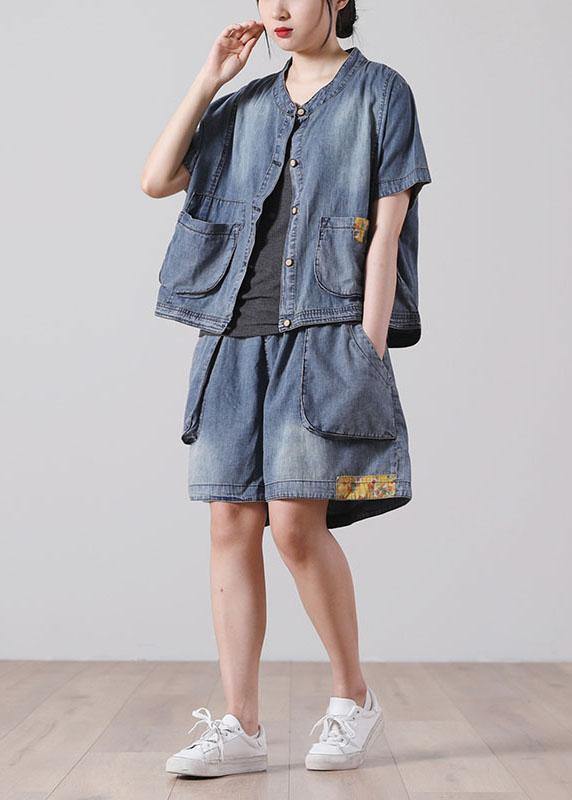 Button Blue Short Sleeve Tops Hot Pants Denim Two Piece Suit Set