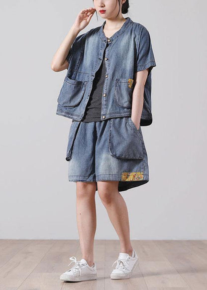 Button Blue Short Sleeve Tops Hot Pants Denim Two Piece Suit Set