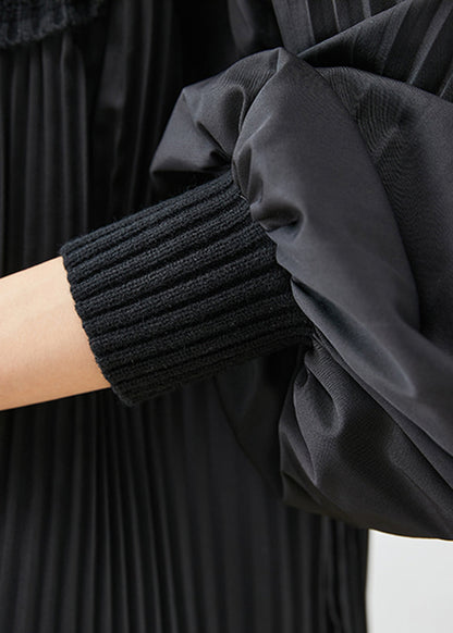 Black Oversized Patchwork Wrinkled Tops Lantern Sleeve