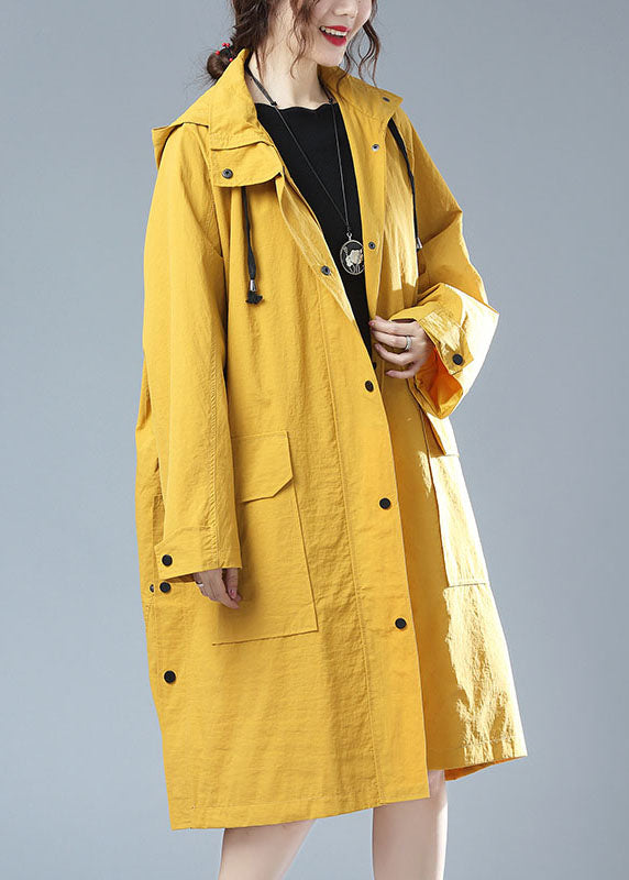 Yellow Hooded Print Pockets Patchwork Cotton Trench Coat Fall