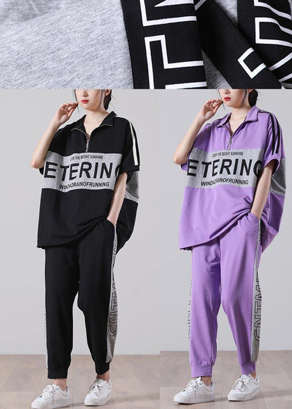 Unique Black Patchwork Cotton Summer Two Piece Set Clothing