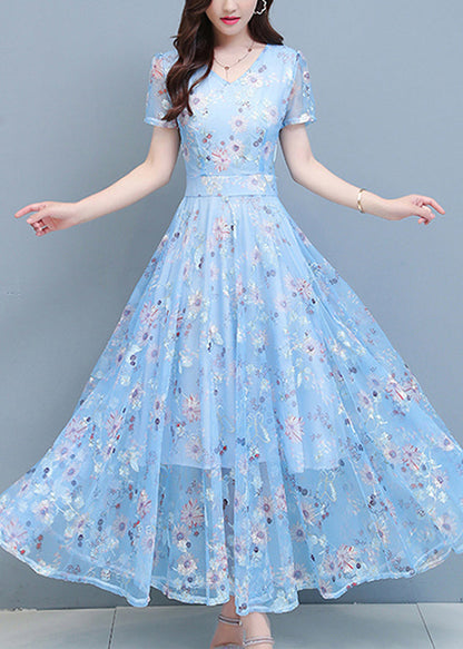 Diy Light Blue Print Chiffon Long Beach Dresses Summer