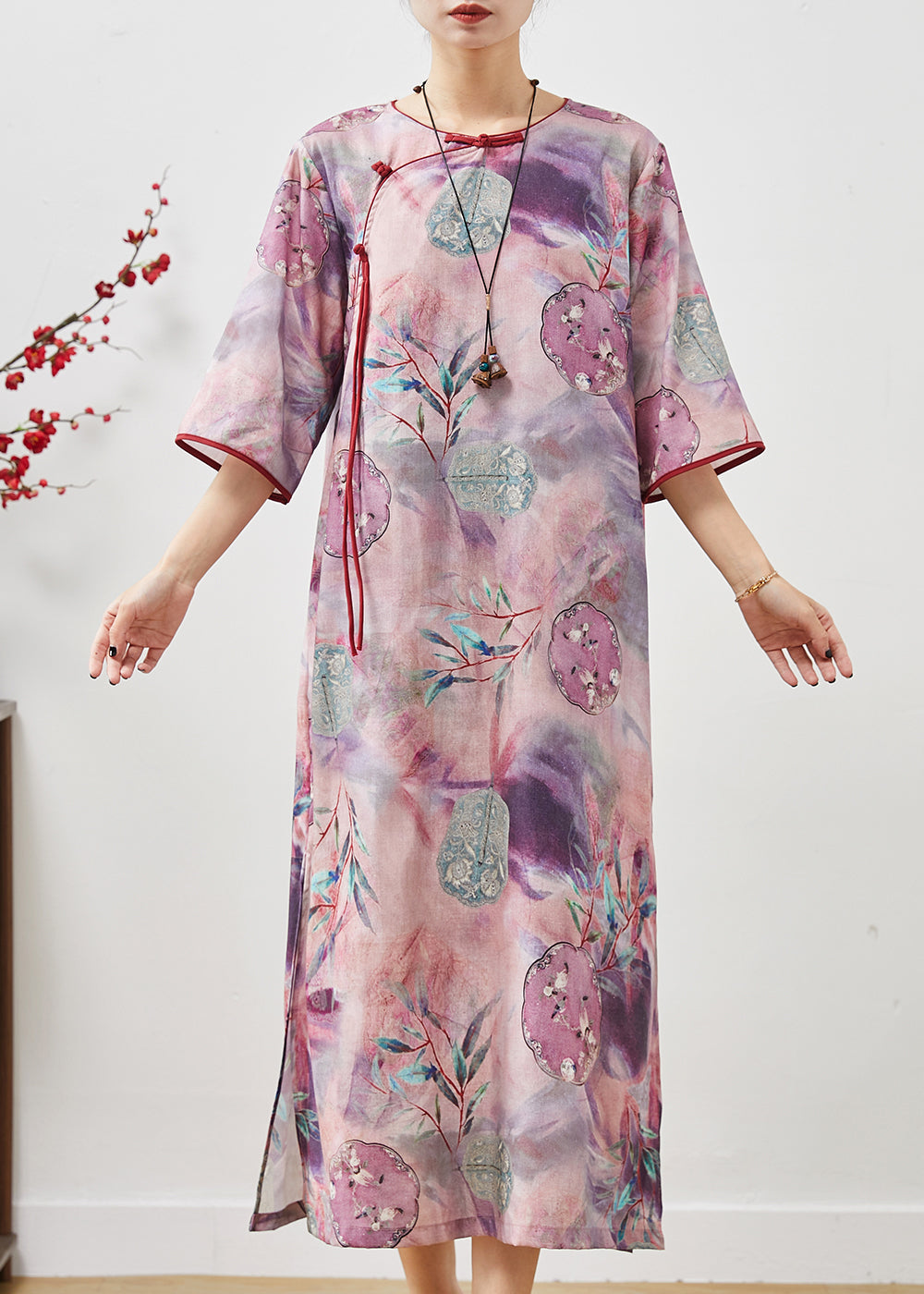 Purple Tasseled Print Cotton Cheongsam Dresses Summer