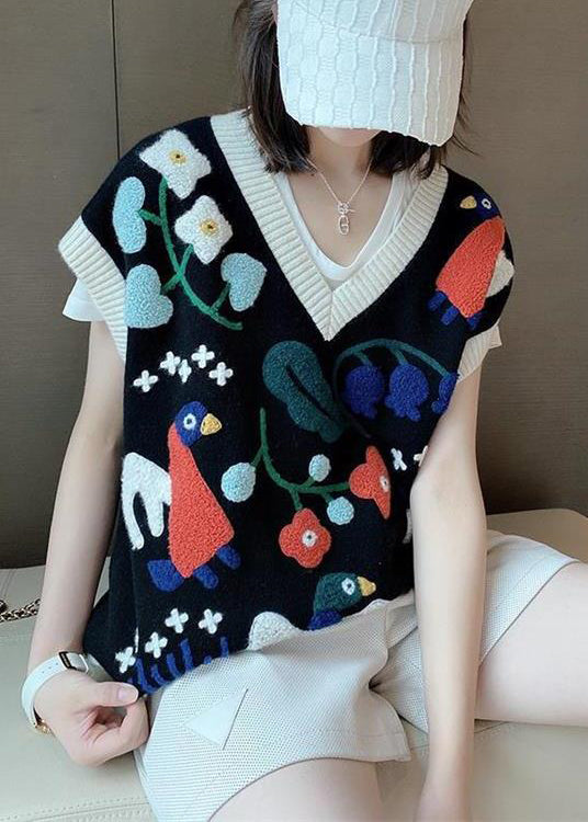 Grey V Neck Jacquard Patchwork Knit Vest Sleeveless
