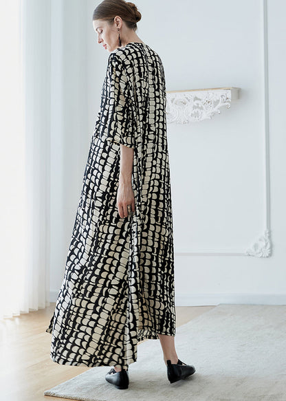 Black V Neck Print Pockets Chiffon Robe Dresses Summer