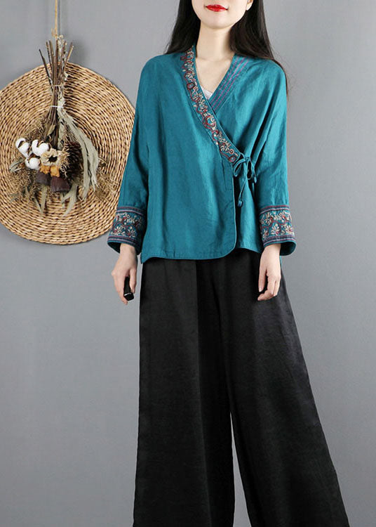 Blue Cinched Embroideried Tops Spring