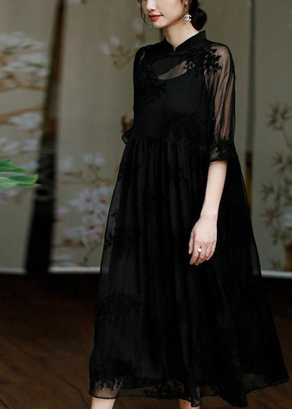 Natural Black Stand Collar Embroideried Button Tulle Long Dress Half Sleeve Summer
