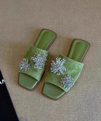Italian Splicing Green Cowhide Leather Slide Sandals Peep Toe