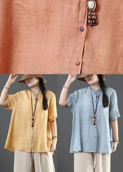 Yellow Loose Linen Summer Shirt Tops