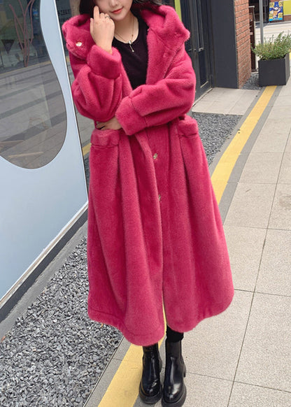 Red Pockets Mink Hair Knitted Hoodie Long Coat Winter
