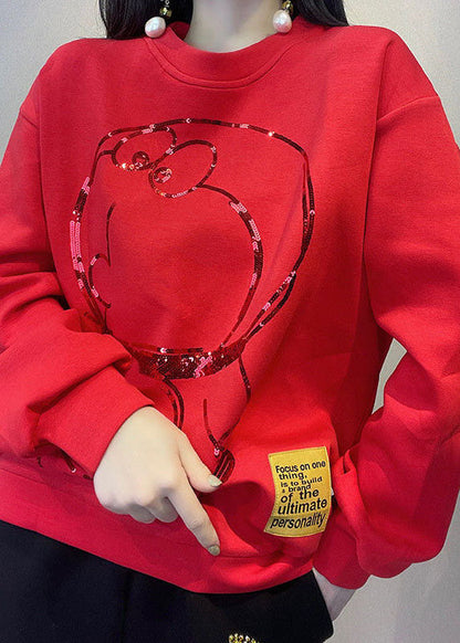 Style Red O-neck Print Loose Fall Pullover Street Wear