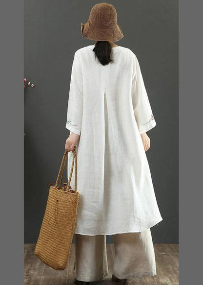 French White Embroidery Quilting Clothes O Neck Low High Design Long Spring Dress