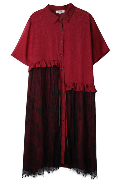 Red Peter Pan Collar Lace Patchwork Tasseled Chiffon Day Dress Spring