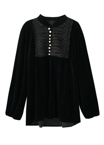 Vogue Black O-neck Nail Bead Patchwork Silk Velour Top Fall