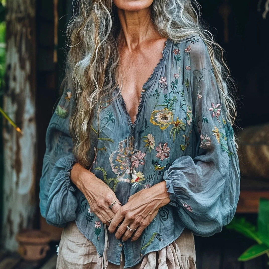 Bohemian Floral Linen Art Print Long Sleeve V-neck Shirt artswardrobe