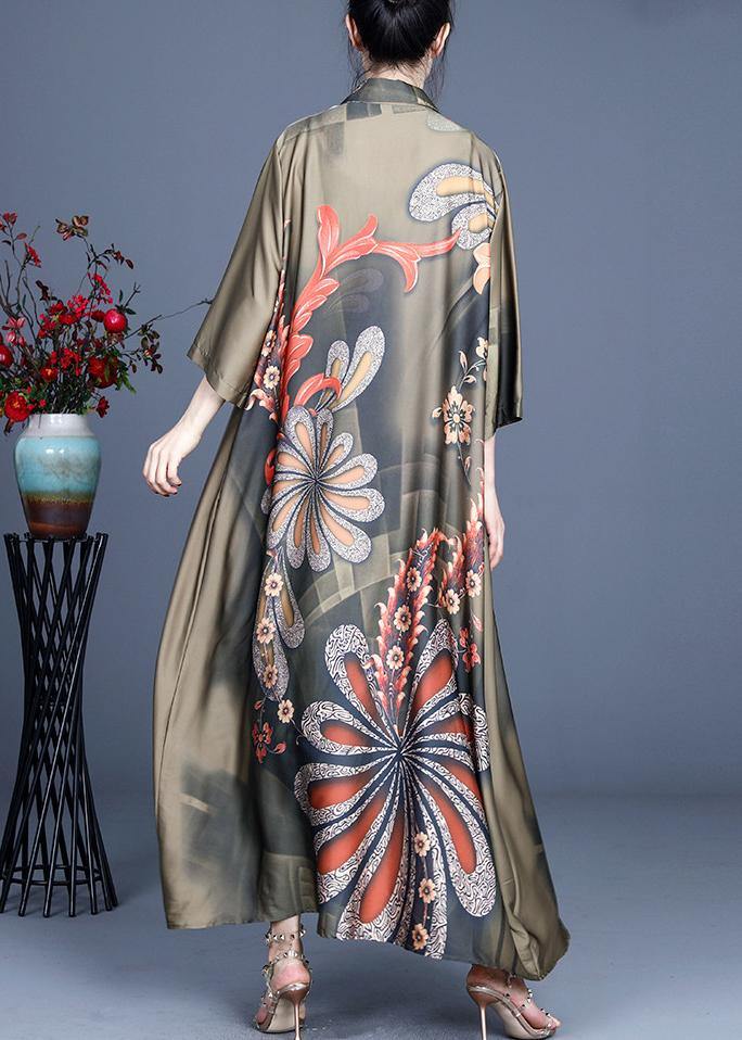 Loose Green Print Spring Long Sleeve Long Loose Coat
