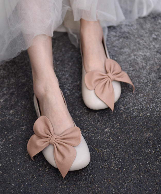 French Bow Splicing Penny Loafers Beige Faux Leather