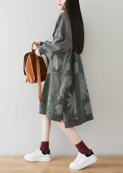 Unique Grey Hooded Pockets Patchwork Print Spring Sweatshirt Dress